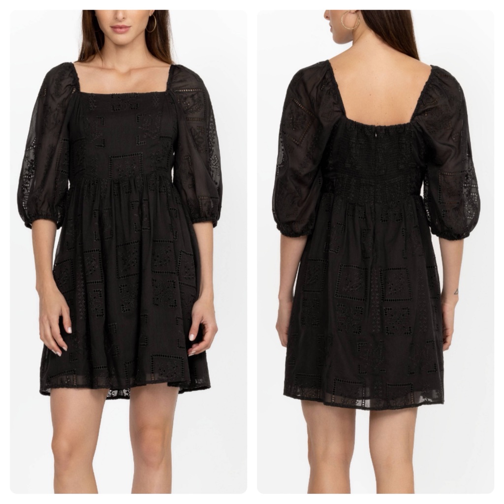 Johnny Was Ella Mini Dress Black Guipure Lace Puff Sleeve